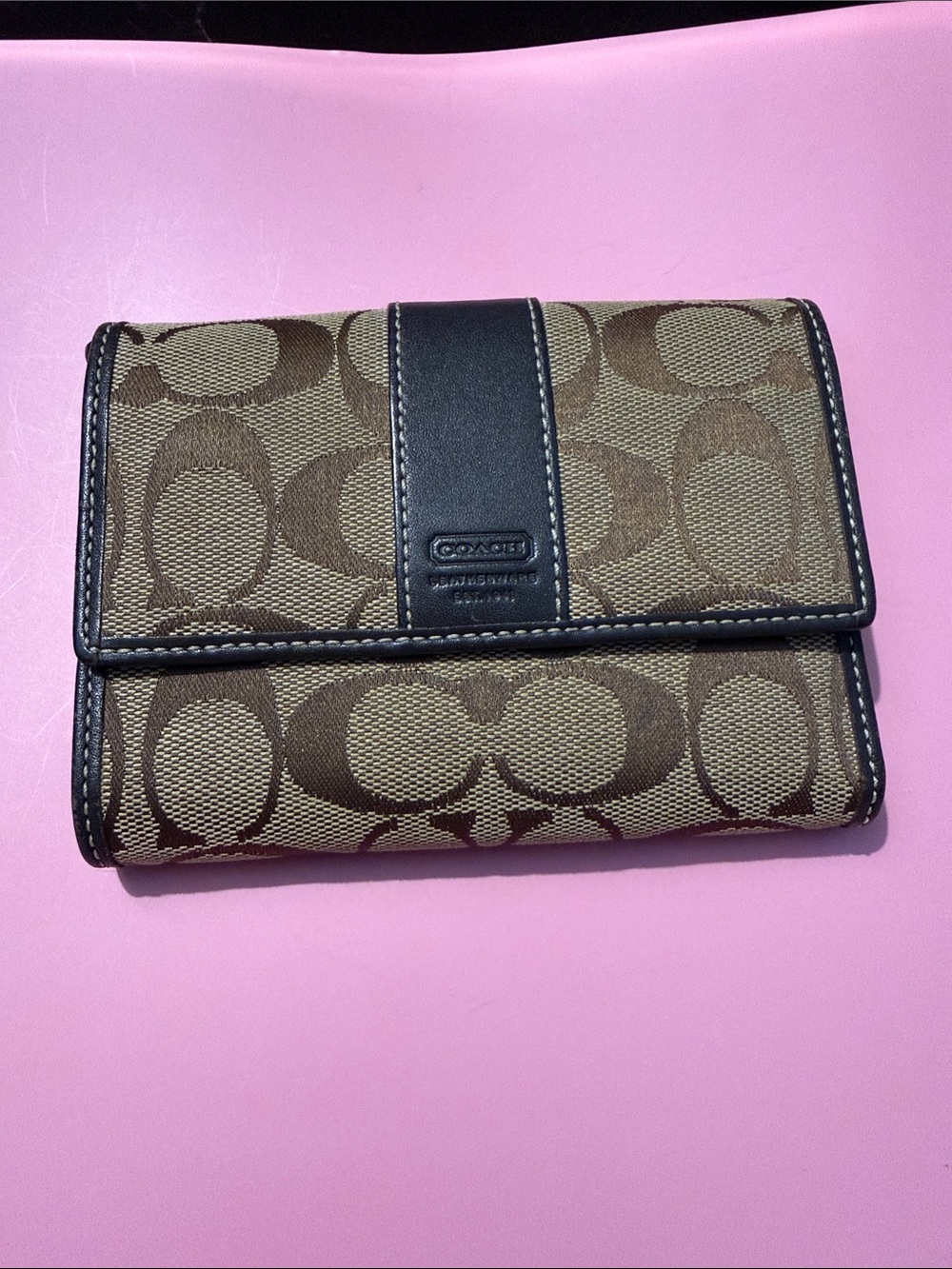 Coach Brown Signature Canvas Trifold Wallet with Black Trim